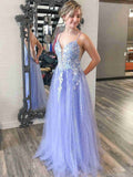 Robe de bal longue en tulle à jupe évasée, col en V, dos nu en dentelle violette à motifs floraux, robe de soirée formelle pour remise de diplômes