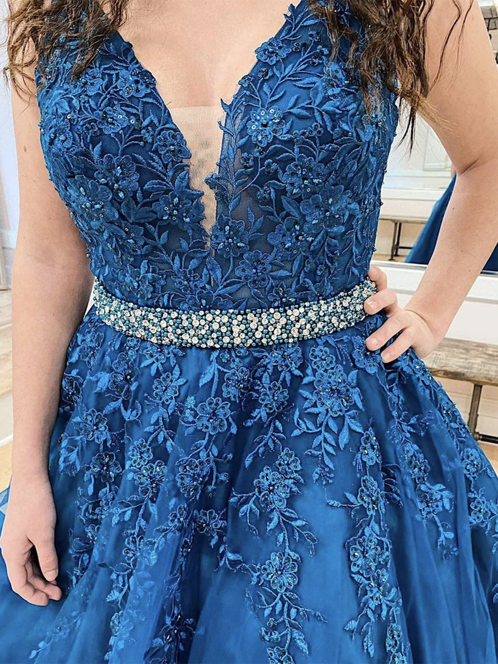 Robe de bal longue en tulle à jupe évasée, col en V, dentelle florale bleue, robes de soirée formelles