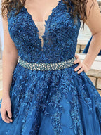 Robe de bal longue en tulle à jupe évasée, col en V, dentelle florale bleue, robes de soirée formelles