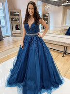 Robe de bal longue en tulle à jupe évasée, col en V, dentelle florale bleue, robes de soirée formelles