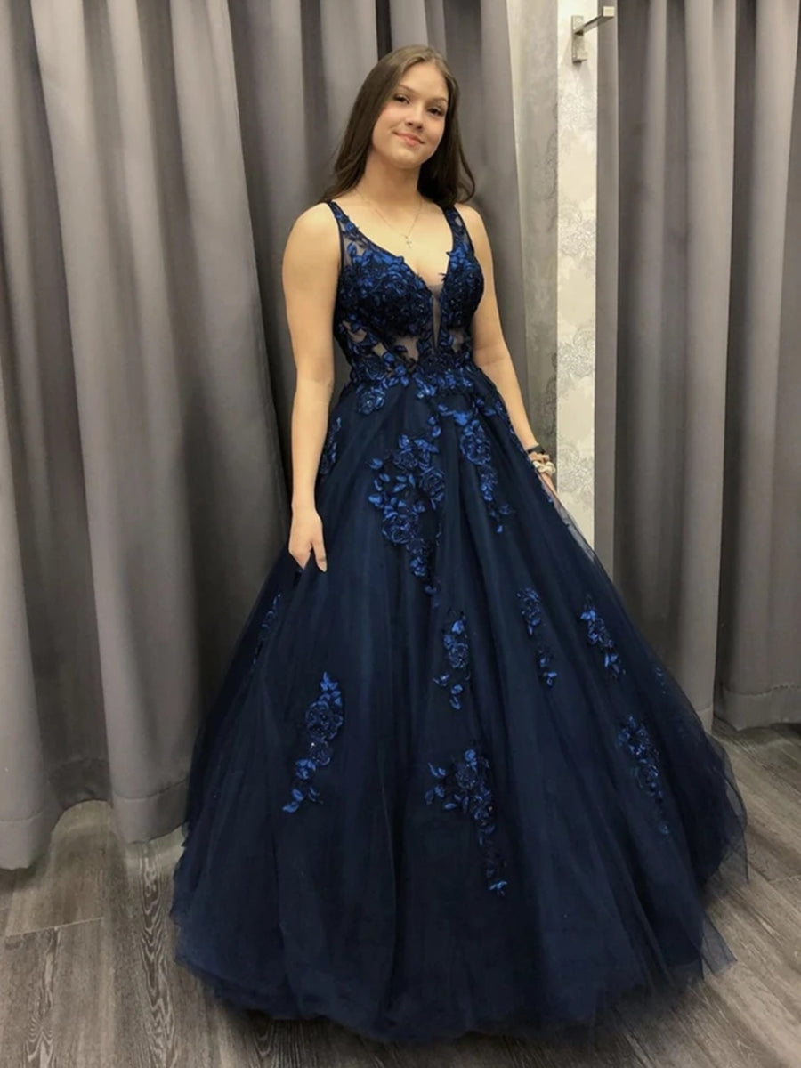 Robes de soirée formelles longues en tulle et dentelle, coupe évasée, col en V, bleu marine foncé, robes de bal