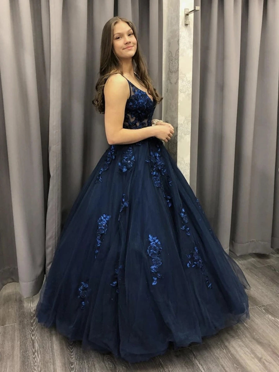 Robes de soirée formelles longues en tulle et dentelle, coupe évasée, col en V, bleu marine foncé, robes de bal