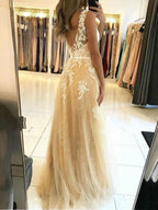 Robe de bal longue en tulle et dentelle, ligne A, col en V, champagne, dos nu, robe de soirée formelle pour remise de diplôme