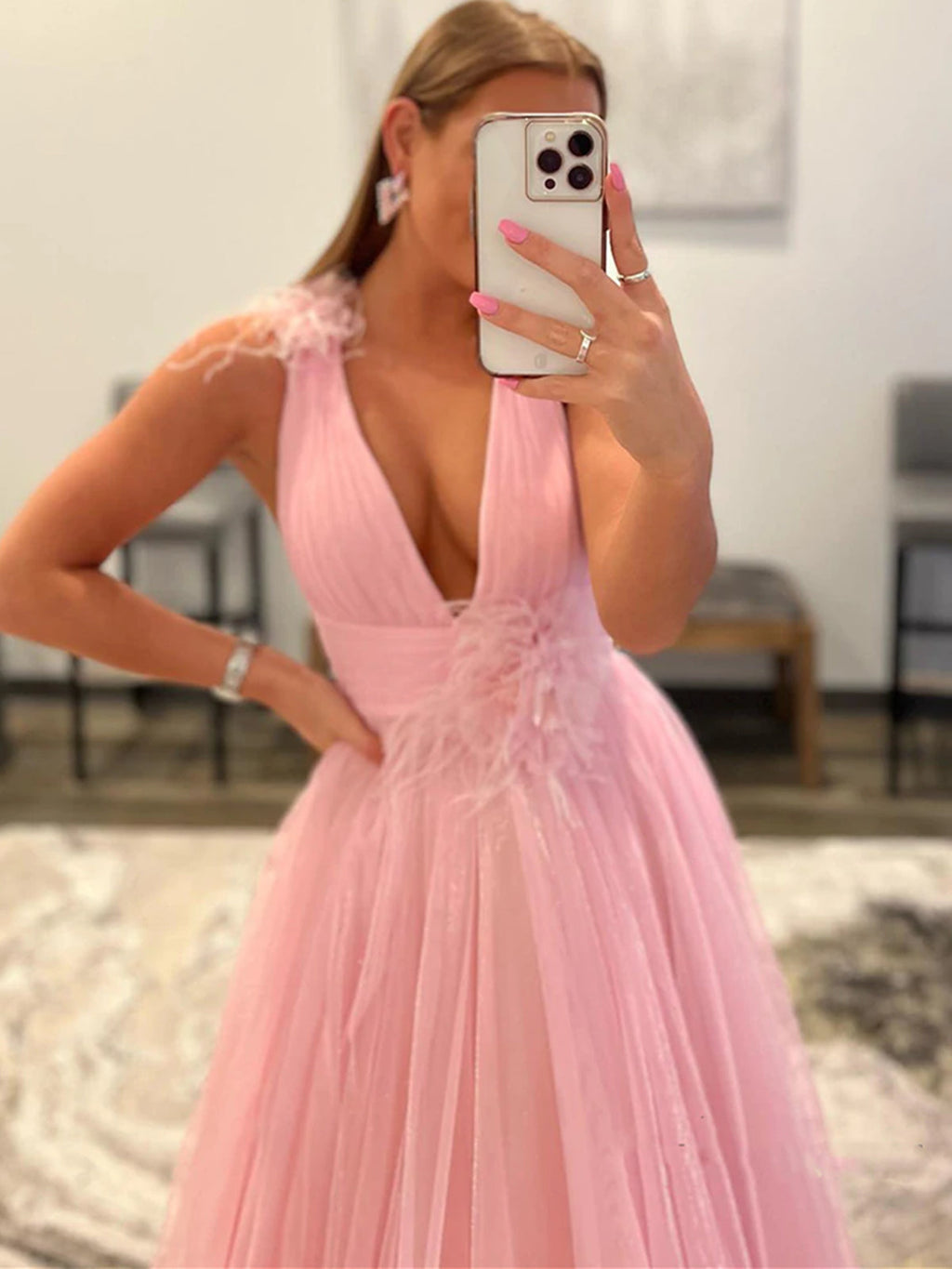 Langes A-Linien-Ballkleid aus Tüll mit V-Ausschnitt und Taschen, Rosa, formelle Abschluss-Abendkleider