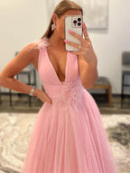 Langes A-Linien-Ballkleid aus Tüll mit V-Ausschnitt und Taschen, Rosa, formelle Abschluss-Abendkleider
