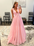Langes A-Linien-Ballkleid aus Tüll mit V-Ausschnitt und Taschen, Rosa, formelle Abschluss-Abendkleider