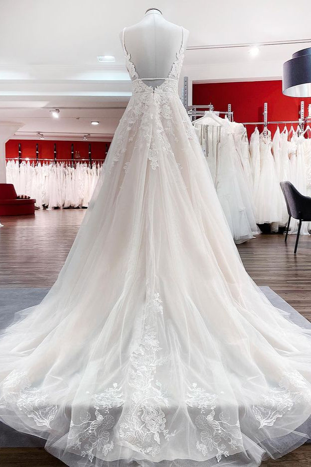 Abito da sposa lungo a linea ad A con scollo a V, in tulle, senza maniche, con applicazioni in pizzo e schiena scoperta