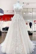 Abito da sposa lungo a linea ad A con scollo a V, in tulle, senza maniche, con applicazioni in pizzo e schiena scoperta