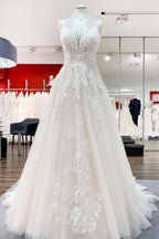Abito da sposa lungo a linea ad A con scollo a V, in tulle, senza maniche, con applicazioni in pizzo e schiena scoperta