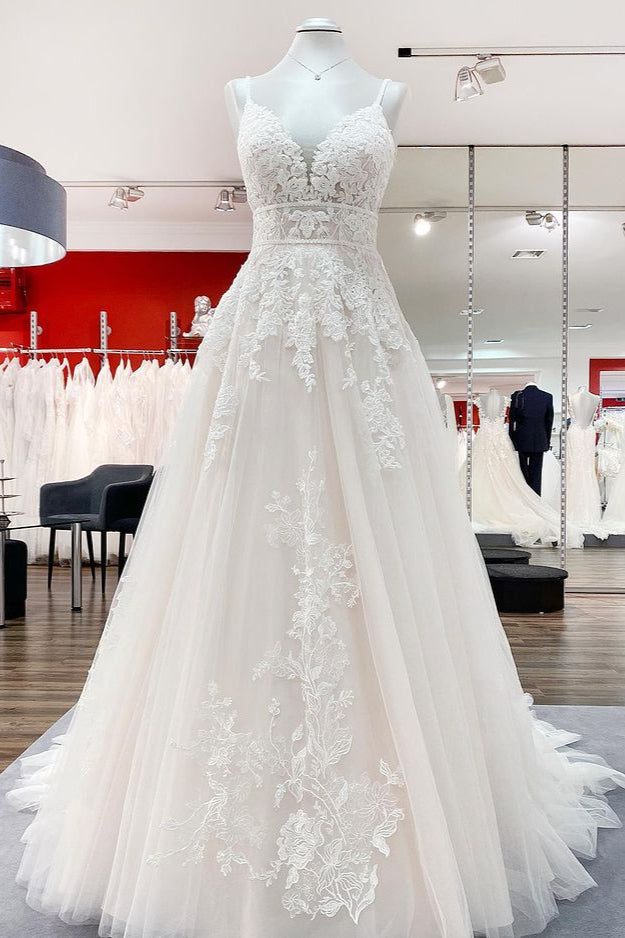 Abito da sposa lungo a linea ad A con scollo a V, in tulle, senza maniche, con applicazioni in pizzo e schiena scoperta