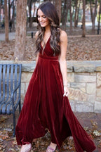 Robes de bal formelles longues en velours, dos nu, en ligne A, à col en V