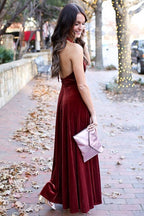 Robes de bal formelles longues en velours, dos nu, en ligne A, à col en V