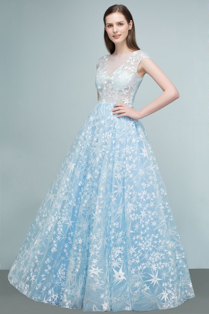 Robes de bal longues en tulle appliqué, ligne A, manches courtes en cape