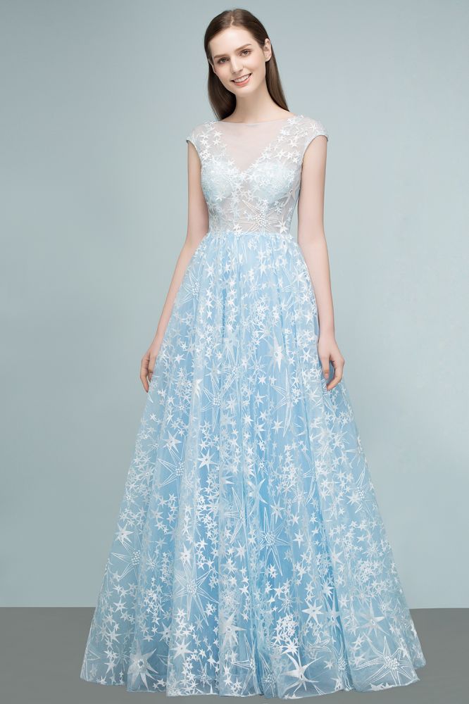 Robes de bal longues en tulle appliqué, ligne A, manches courtes en cape