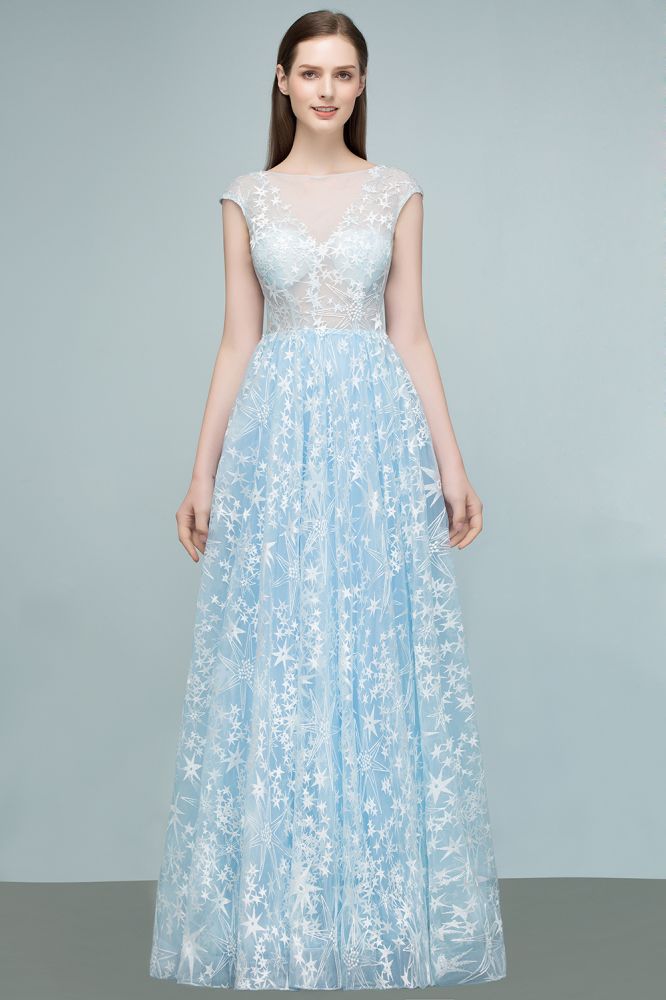 Robes de bal longues en tulle appliqué, ligne A, manches courtes en cape