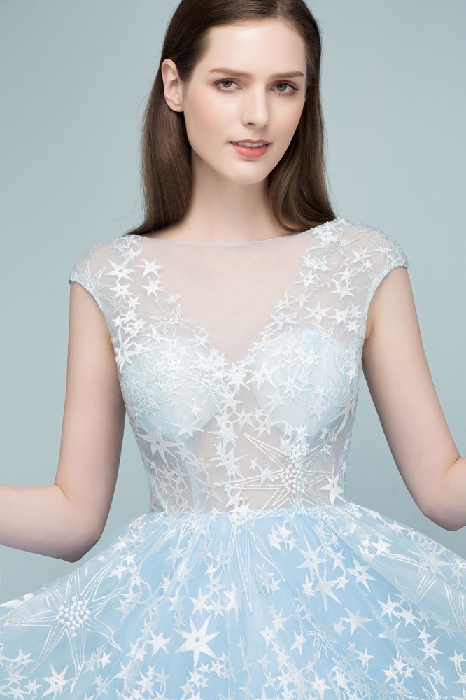 Robes de bal longues en tulle appliqué, ligne A, manches courtes en cape