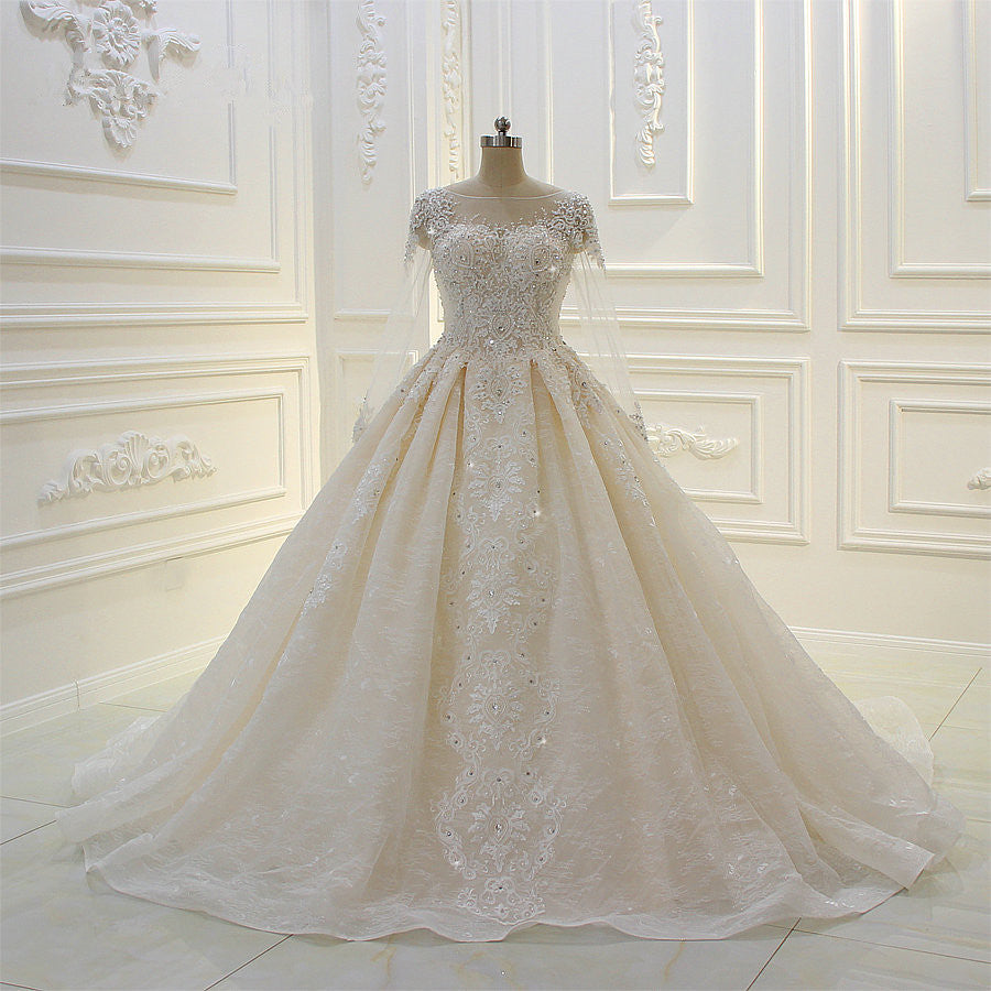 Abito da sposa lungo a palloncino con perline, applicazioni in pizzo a barca e maniche