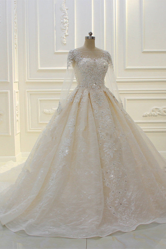 Abito da sposa lungo a palloncino con perline, applicazioni in pizzo a barca e maniche