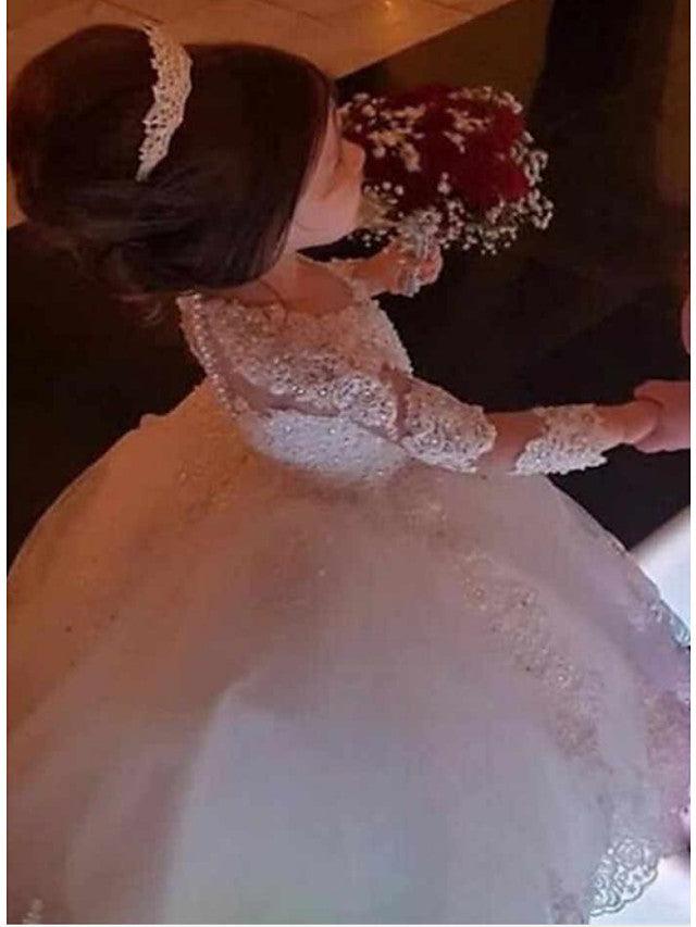 Long Ball Gown Lace Jewel Neck Wedding Flower Girl Dresses with Sleeves