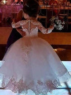 Long Ball Gown Lace Jewel Neck Wedding Flower Girl Dresses with Sleeves