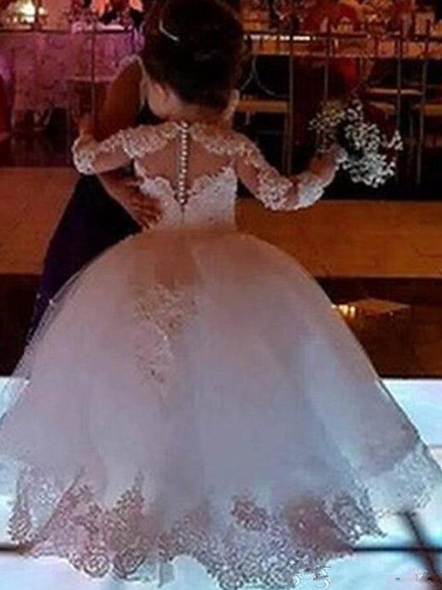 Long Ball Gown Lace Jewel Neck Wedding Flower Girl Dresses with Sleeves