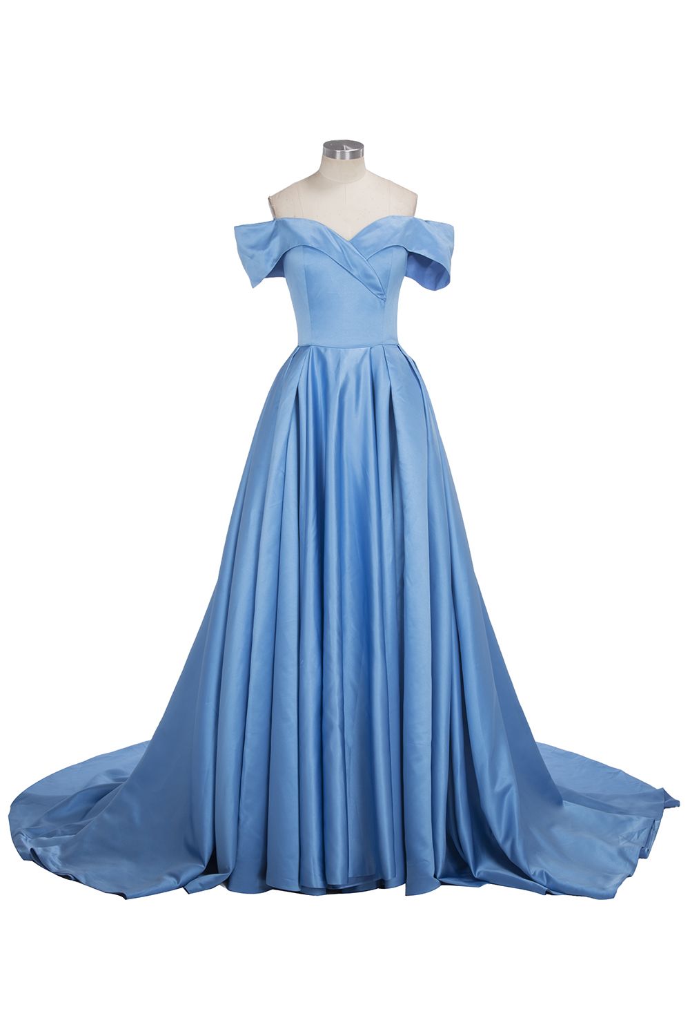 Robe longue de bal en satin bleu à épaules dénudées avec fente