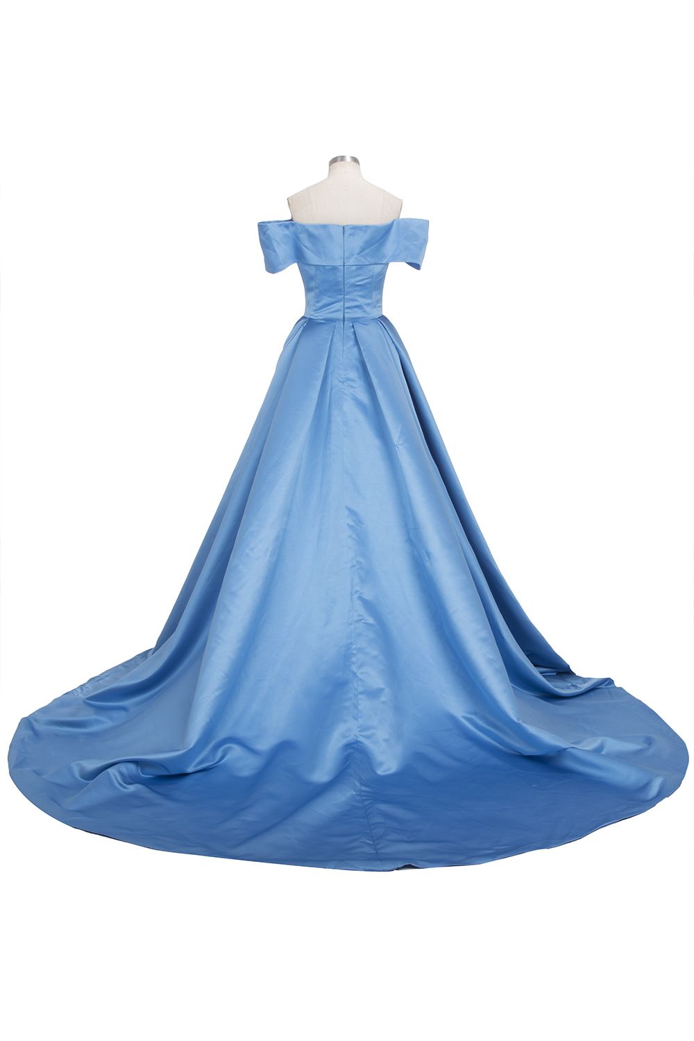 Robe longue de bal en satin bleu à épaules dénudées avec fente