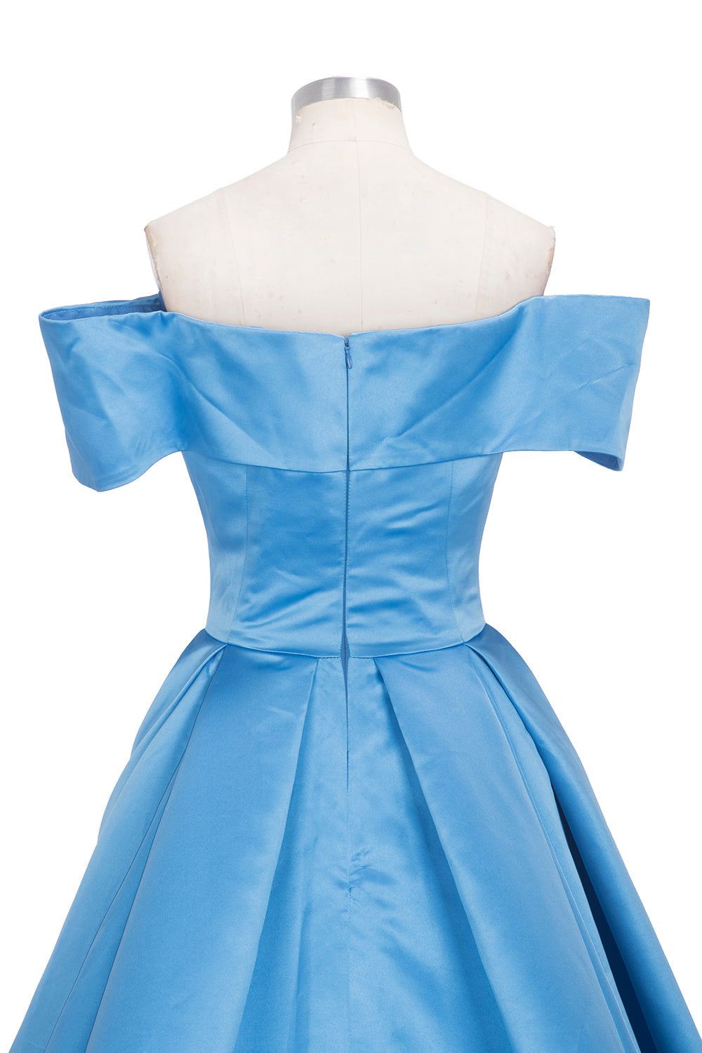 Robe longue de bal en satin bleu à épaules dénudées avec fente