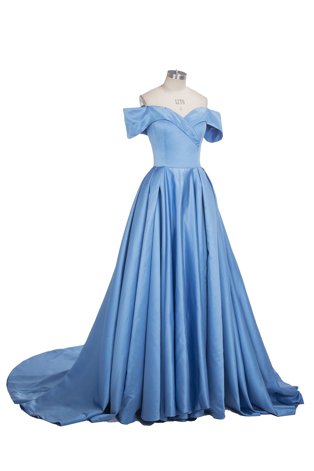 Robe longue de bal en satin bleu à épaules dénudées avec fente