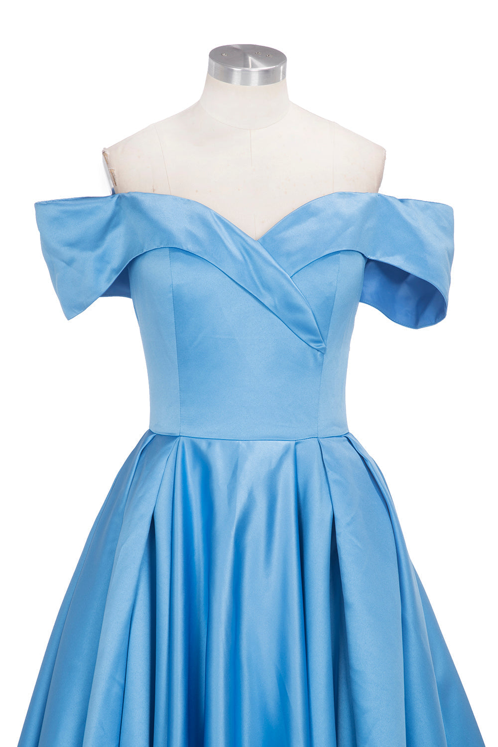 Robe longue de bal en satin bleu à épaules dénudées avec fente