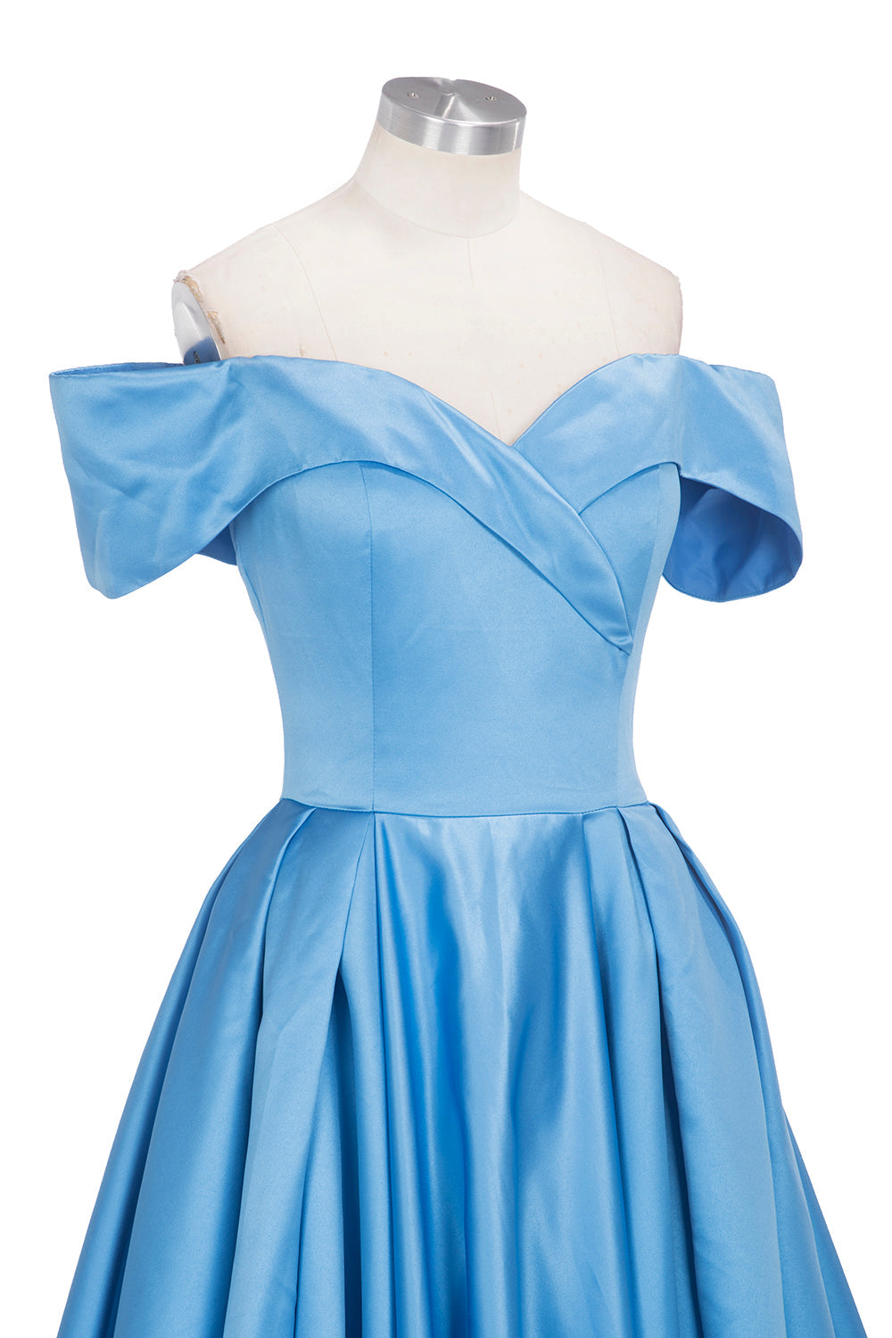 Robe longue de bal en satin bleu à épaules dénudées avec fente