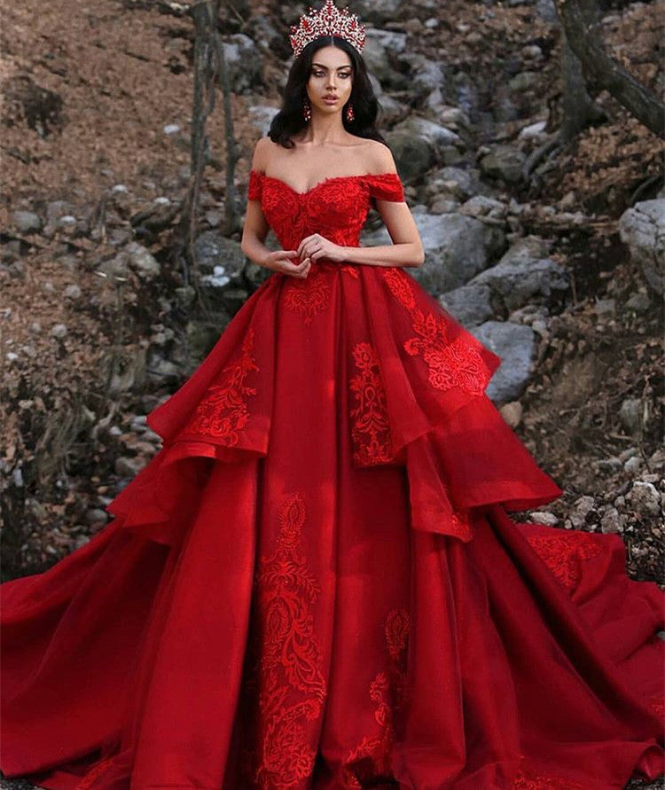 Robe longue de bal en satin rouge à dentelle, épaules dénudées, robe de soirée