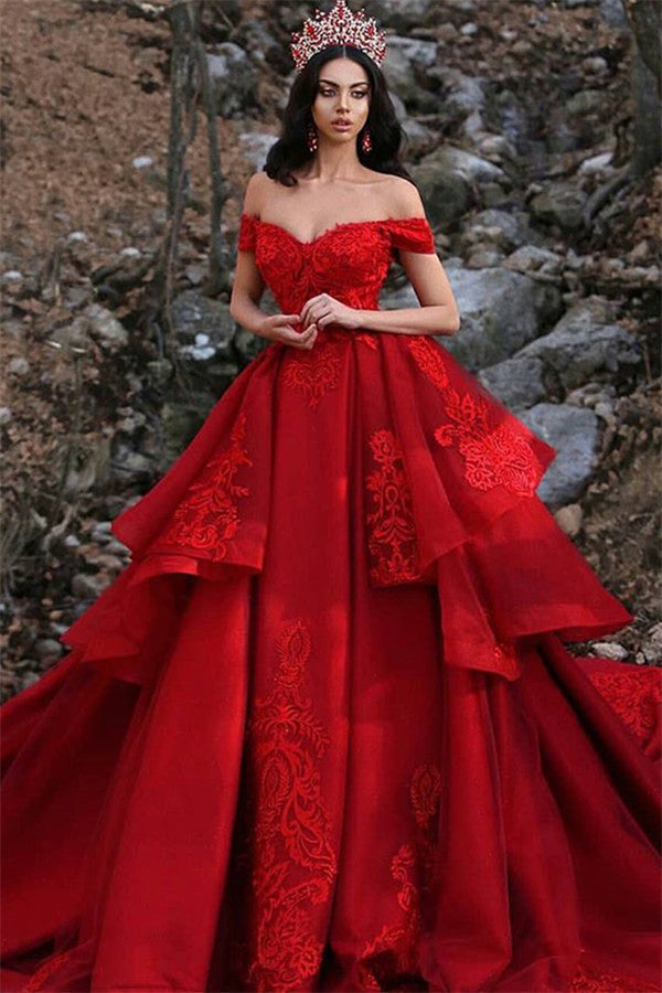Robe longue de bal en satin rouge à dentelle, épaules dénudées, robe de soirée