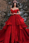 Robe longue de bal en satin rouge à dentelle, épaules dénudées, robe de soirée