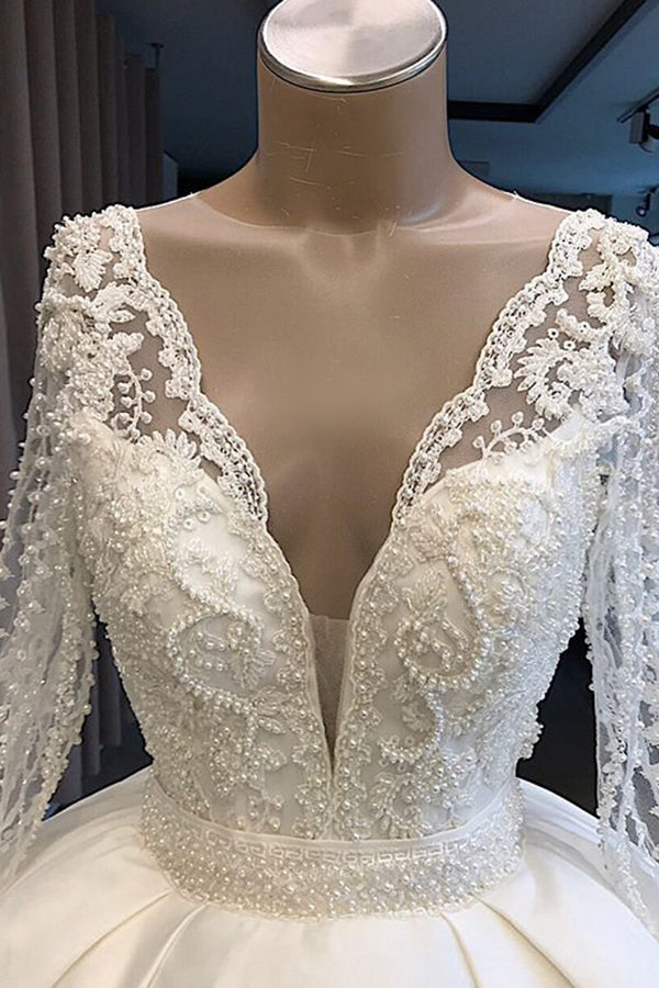 Robe de mariée longue en satin à col en V avec manches