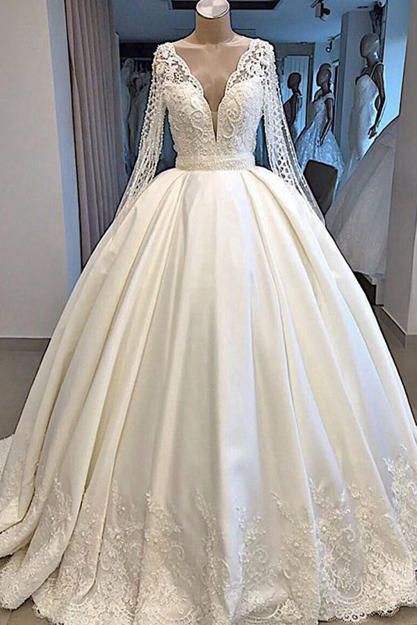 Robe de mariée longue en satin à col en V avec manches