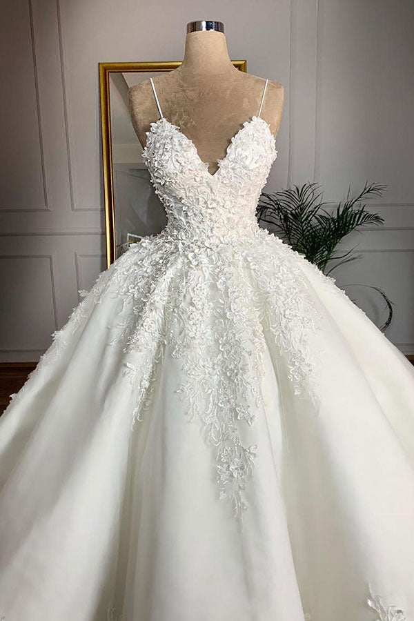 Vestido de Noiva Longo com Alças Finas, Aplicações de Renda e Cetim