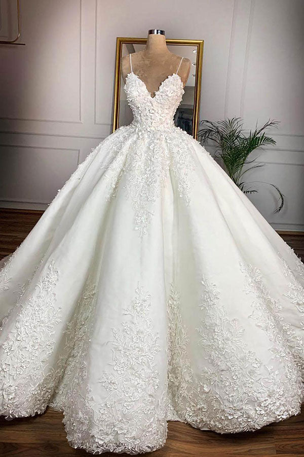 Vestido de Noiva Longo com Alças Finas, Aplicações de Renda e Cetim