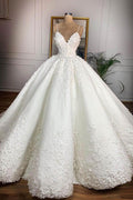 Vestido de Noiva Longo com Alças Finas, Aplicações de Renda e Cetim