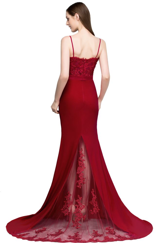 Robes de bal longues bordeaux sirène à fines bretelles en forme de cœur avec appliques et perles