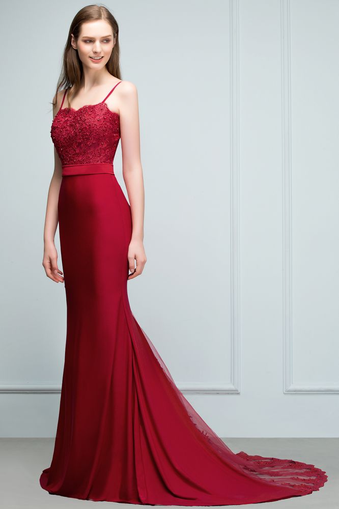 Robes de bal longues bordeaux sirène à fines bretelles en forme de cœur avec appliques et perles