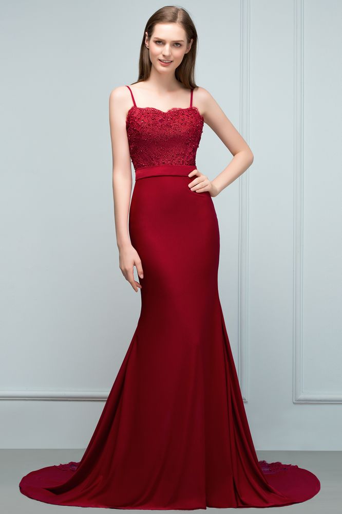 Robes de bal longues bordeaux sirène à fines bretelles en forme de cœur avec appliques et perles