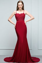 Robes de bal longues bordeaux sirène à fines bretelles en forme de cœur avec appliques et perles