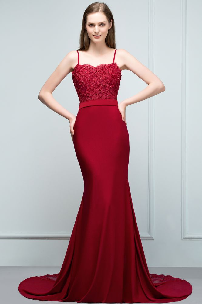 Robes de bal longues bordeaux sirène à fines bretelles en forme de cœur avec appliques et perles