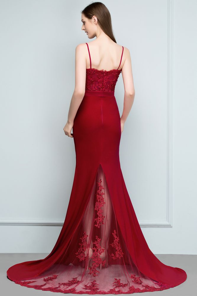 Robes de bal longues bordeaux sirène à fines bretelles en forme de cœur avec appliques et perles