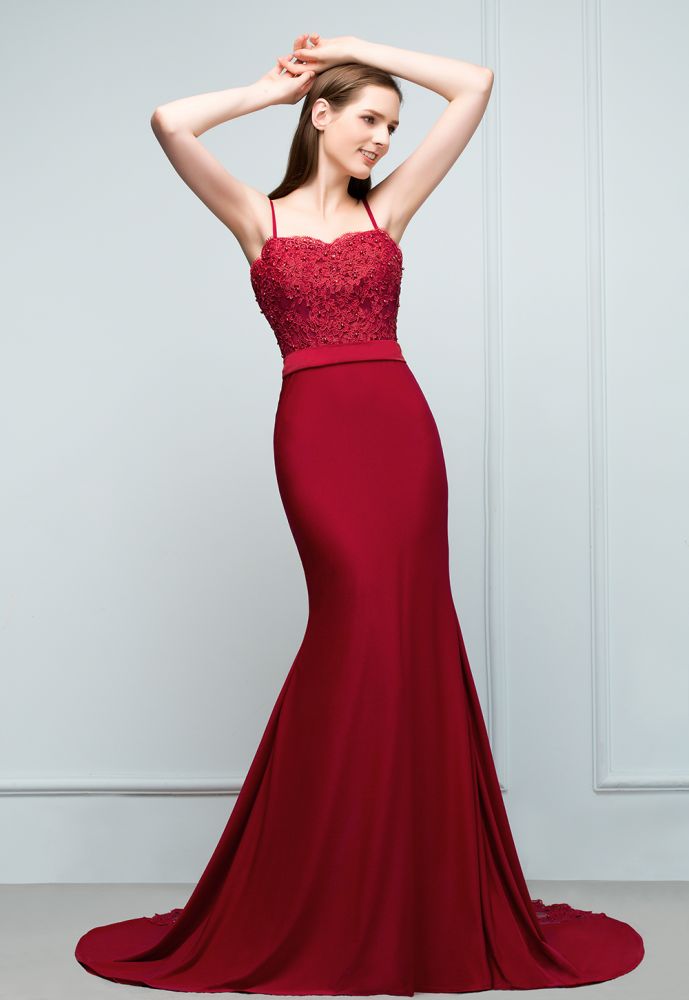Robes de bal longues bordeaux sirène à fines bretelles en forme de cœur avec appliques et perles