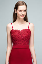 Robes de bal longues bordeaux sirène à fines bretelles en forme de cœur avec appliques et perles