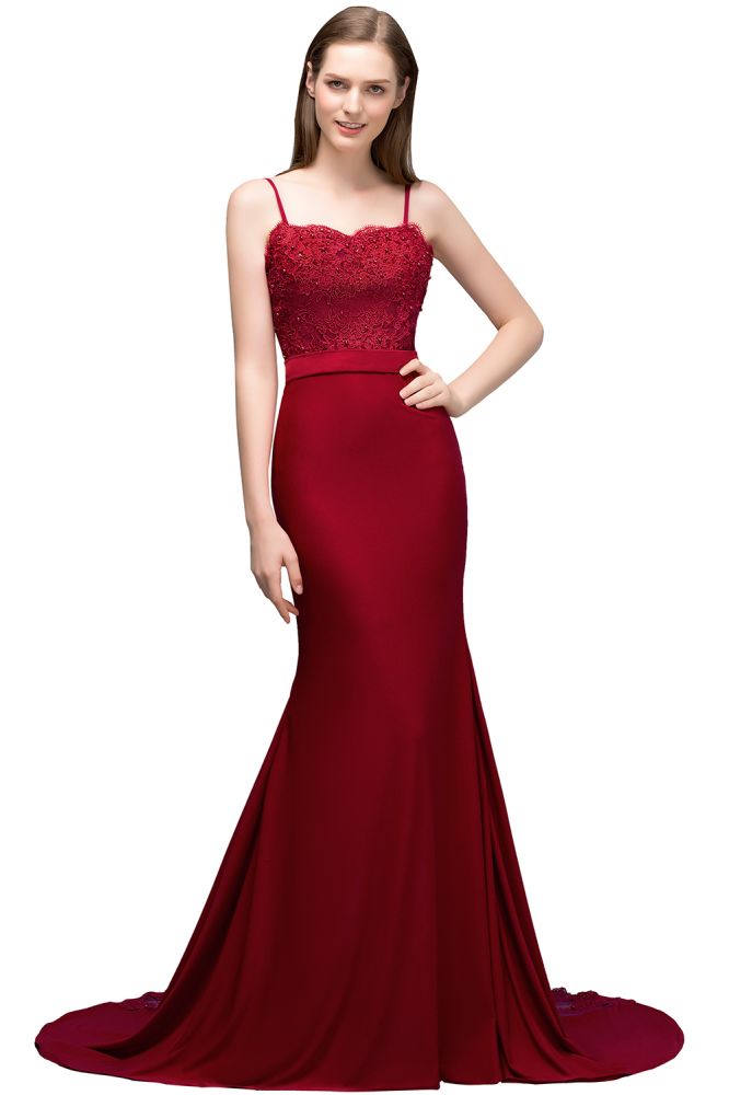 Robes de bal longues bordeaux sirène à fines bretelles en forme de cœur avec appliques et perles