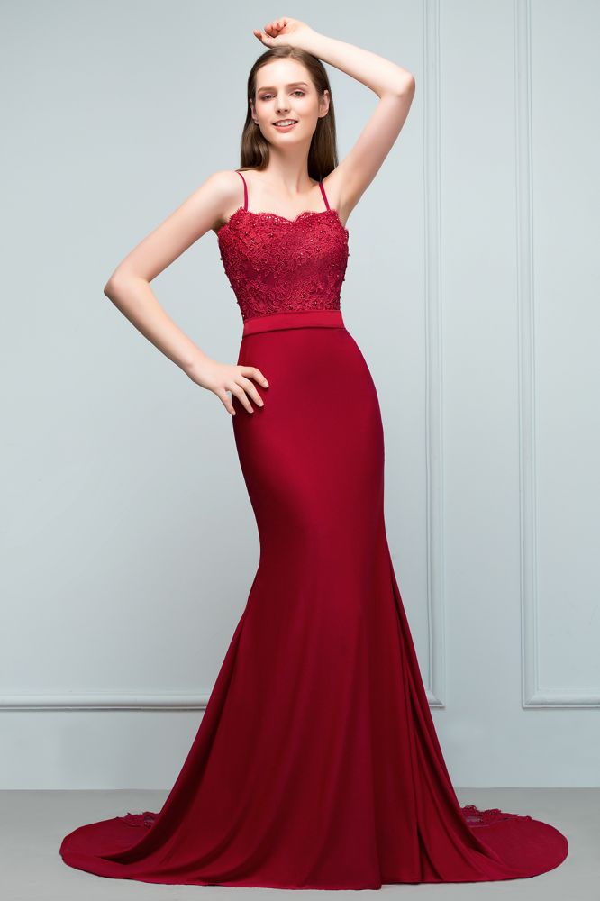 Robes de bal longues bordeaux sirène à fines bretelles en forme de cœur avec appliques et perles