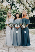 Vestidos largos de dama de honor de gasa gris pizarra con hombros descubiertos BD077